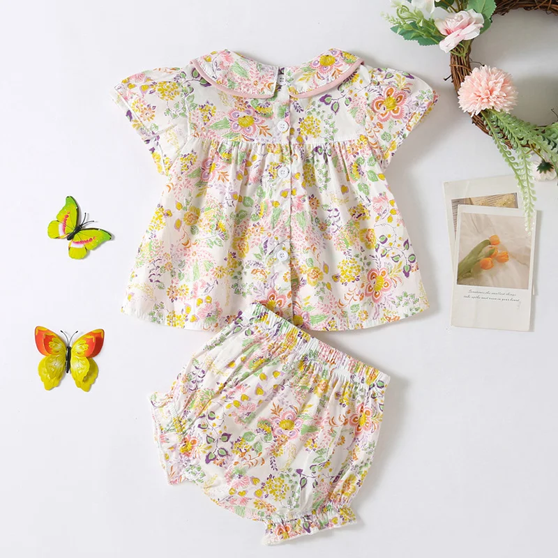 2024 New Summer Toddler Baby Girl Clothes Suit Short Sleeved Cotton Flower Printed Shirt+Shorts Infant Baby Girls Clothing Set