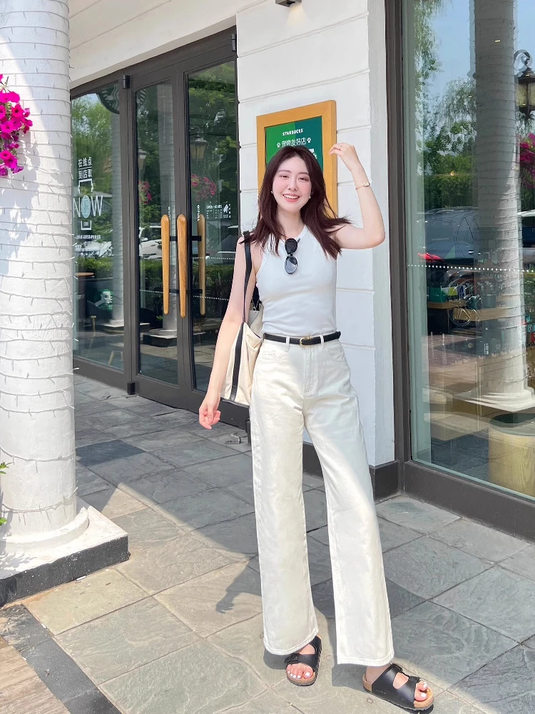 

Белые повседневные прямые джинсы, женские свободные широкие брюки с высокой талией, длинные брюки, модные весенне-летние новые поступления