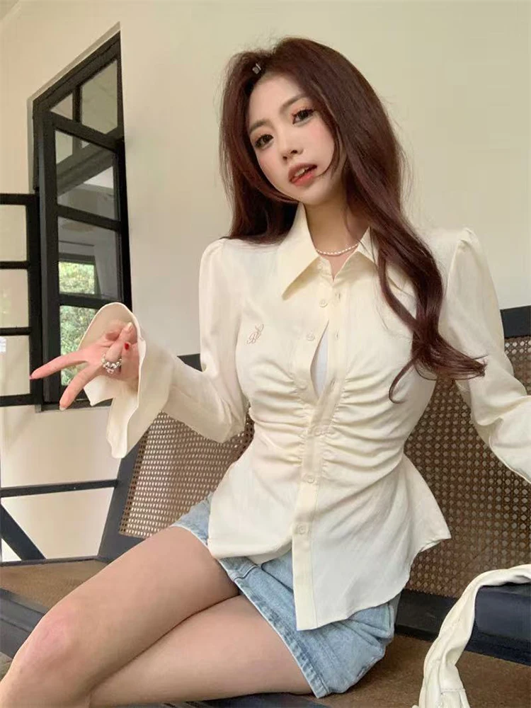 Fashion Wrinkles Slim Women Shirts Y2K Spring Streetwear Bell Sleeves Casual Tops Korean New Solid Lapel All Match Ladies Blouse