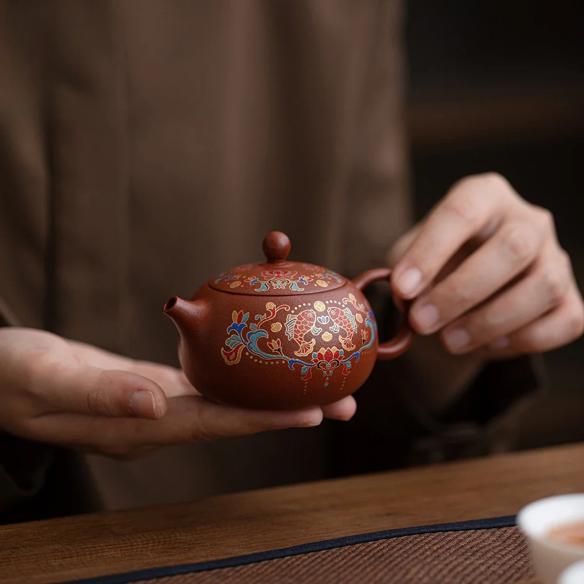 Raw Ore Purple Sand Xishi Pot Household Annual Fish Bubble Teapot Light Luxury Enamel Color Purple Clay Pot Kung Fu Tea Set Gift