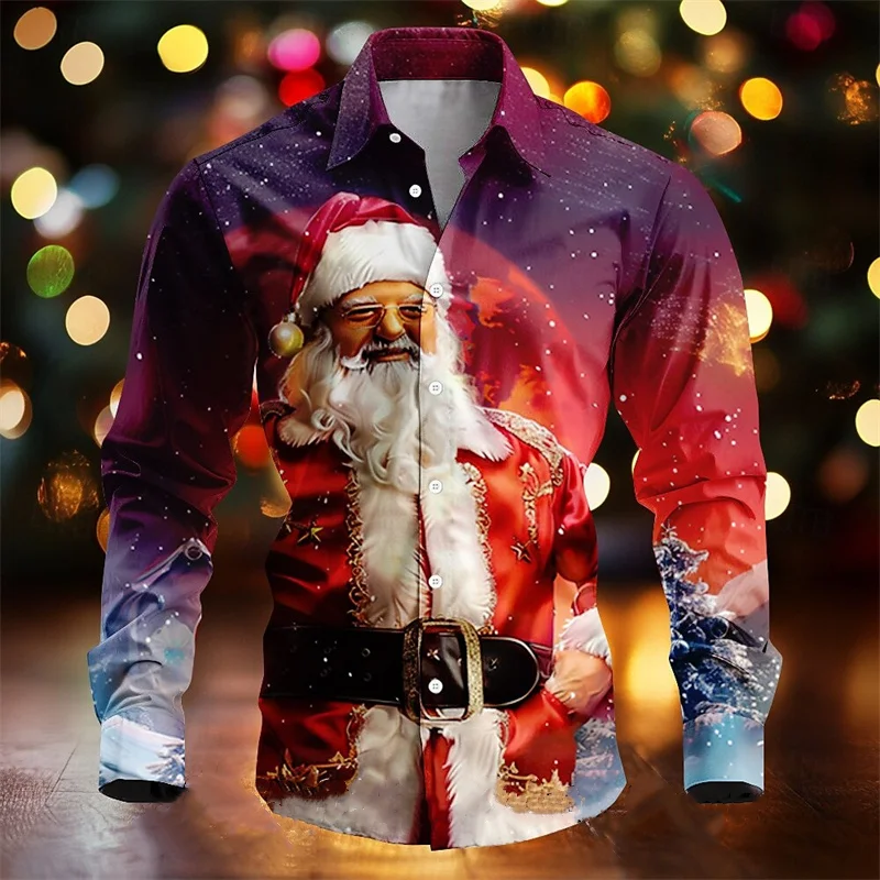 New Year Santa Claus Casual Men's Button Shirts Long Sleeve Party Evening Daily Autumn Winter Spring Summer Lapels Clothing Tops