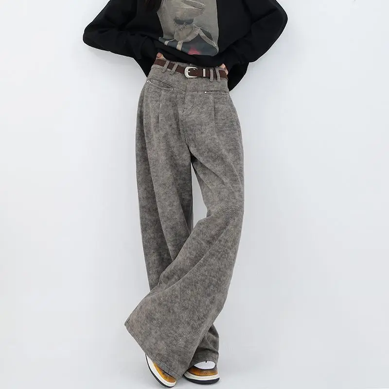 

New Autumn and Winter Gray Wide-leg Loose Jeans for Women Casual High Waist Straight-leg Pants Floor Trousers