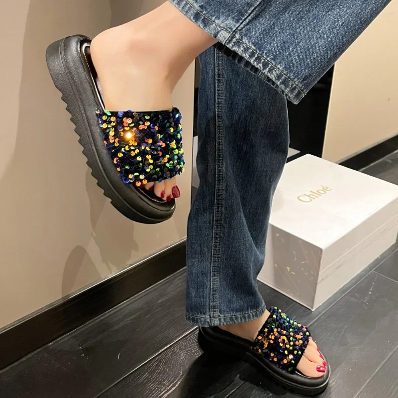 Shoes for Women 2023 High Quality Summer Women's Slippers Solid Color Sequins Water Proof  Platform Plus Size Women's Shoes