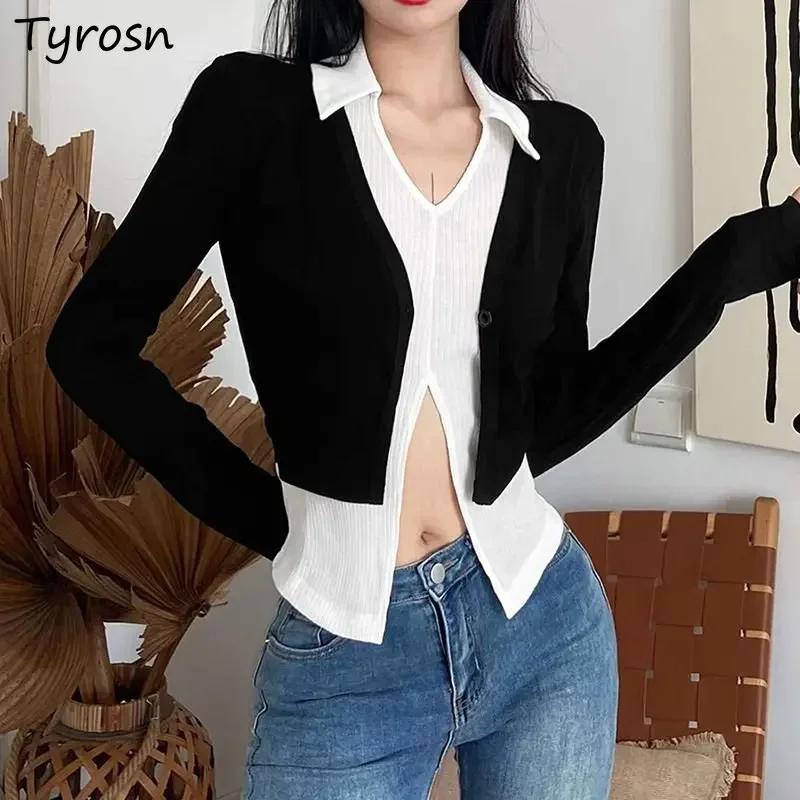 

Футболки женские, искусственный дизайн из двух предметов, универсальные, тонкие, сексуальные, в стиле пэчворк, весенние, Ulzzang, женские, элегантные, в стиле ретро, со вставками, на каждый день, простые