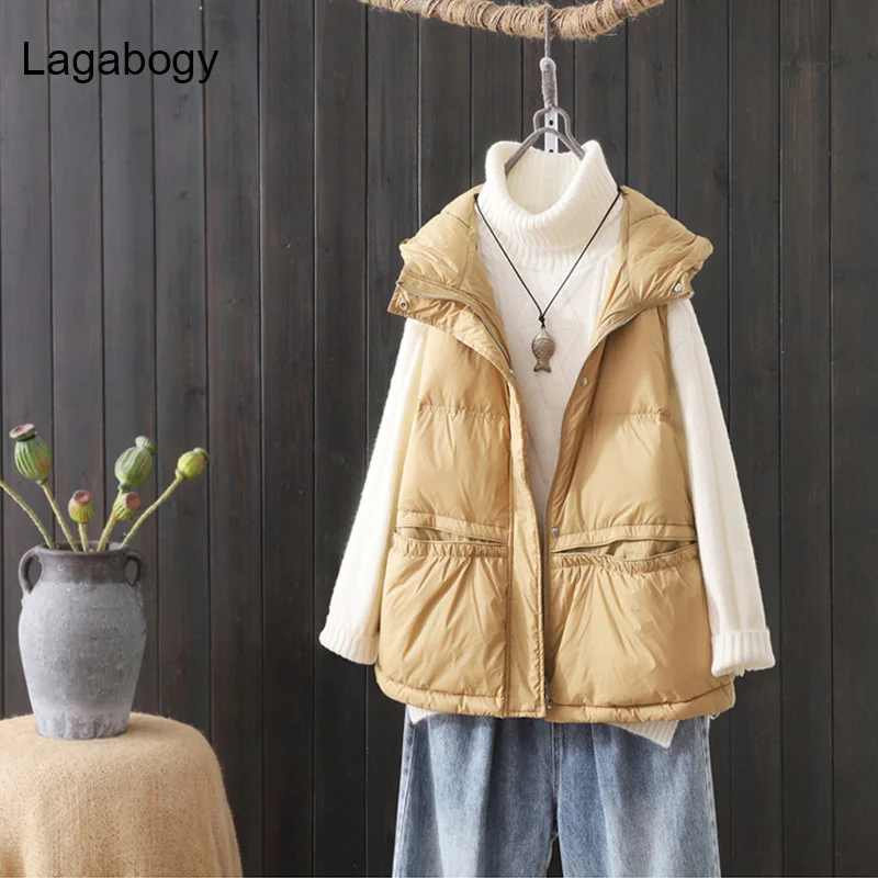 

Autumn Ultra Lagabogy Women 2023 Light New Thin White Duck Down Vest Short Puffer Jacket Female Hooded Loose Casual Waistcoat