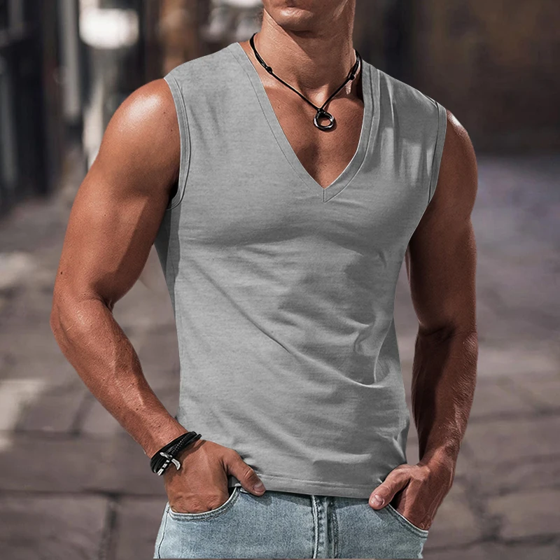 Summer men\'s solid color V-neck vest casual breathable sleeveless T-shirt vest suitable for fitness and sports