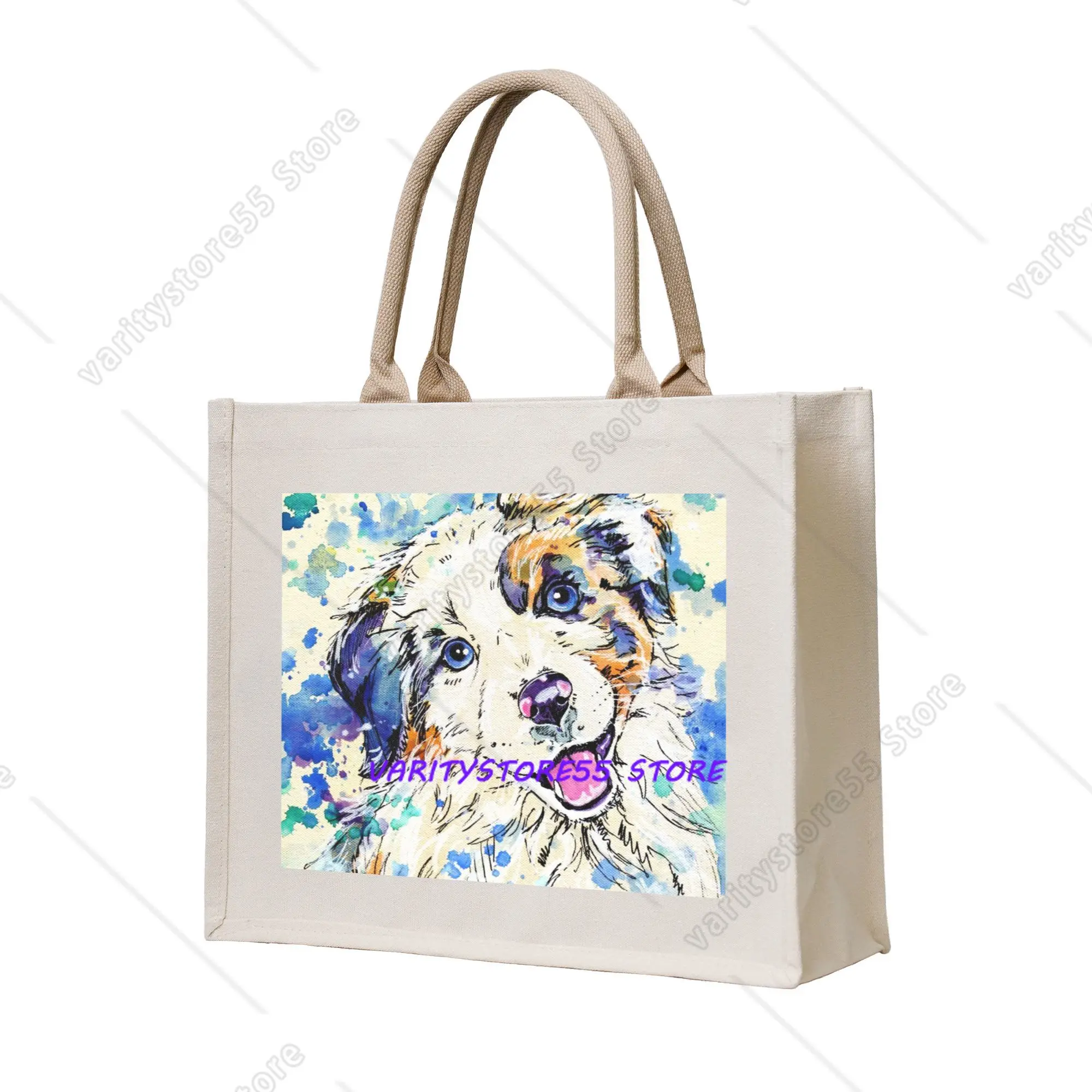 Fashion Australian Shepherd Dog Shopping Tote Bags Portable Collie Puppy Grocery Shopper Shoulder Bag