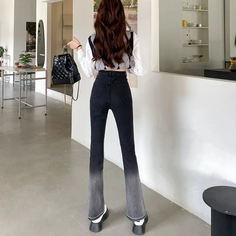 Flare Jeans Women Panelled Gradient Slim Vintage Cool Streetwear Retro Preppy Young Vacation Basic Design All-match Chic Ulzzang