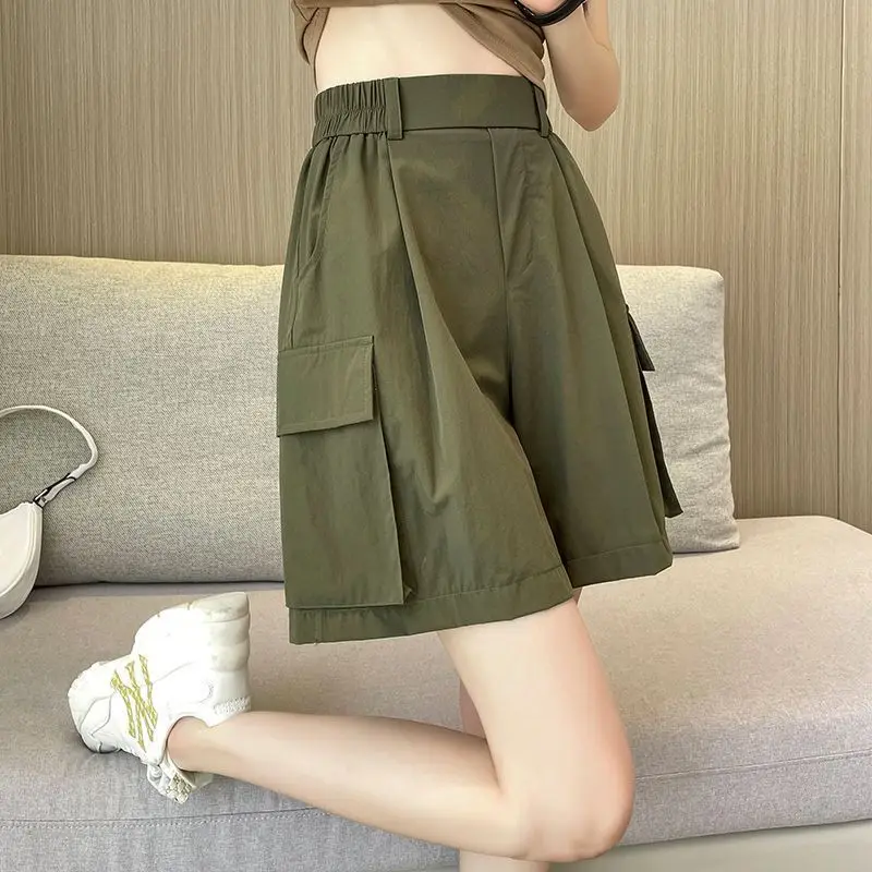 

Safari Style High Waist Loose Shorts Female Clothing Solid Color Stylish Pockets Patchwork Wide Leg Summer Elastic Sports Shorts