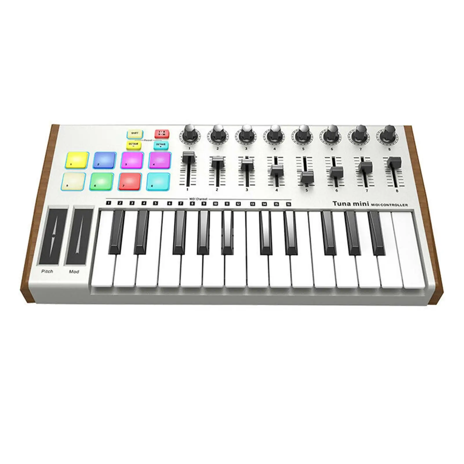 

Worlde Tuna Mini 25-Key MIDI Keyboard Controller - Portable, USB, with Drum Pads, 8 Knobs, 8 Faders & Pedal Interface (White)