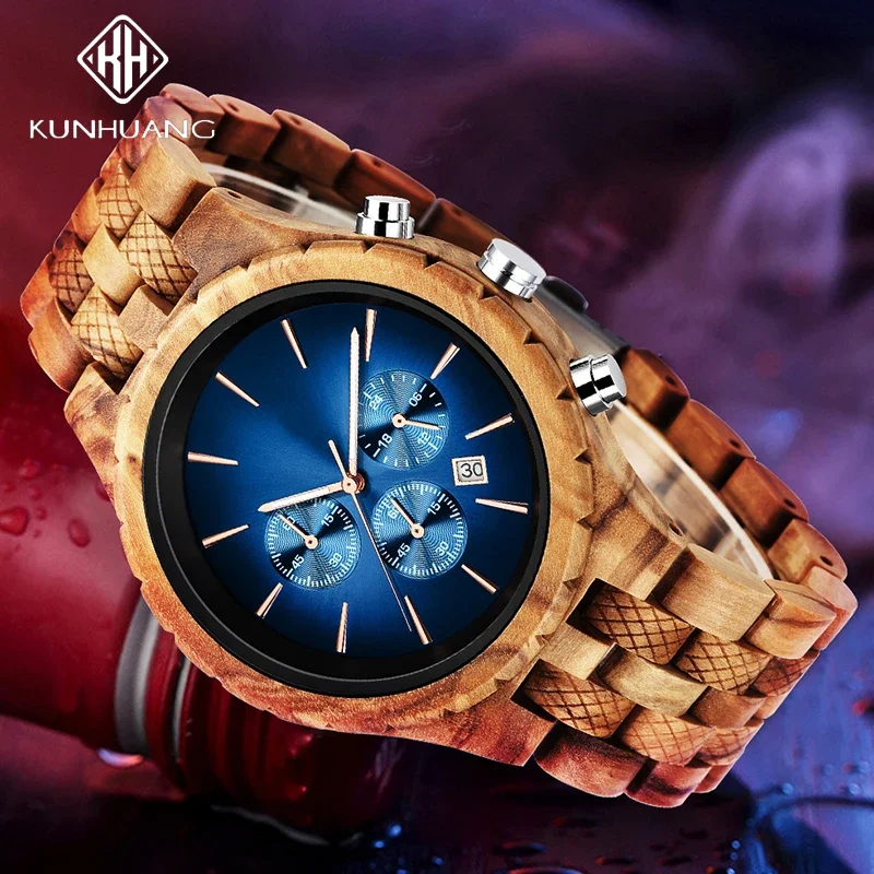 KUNHUANG Hot Top Luxury Handmade Wooden Watch Multifunction Chronograph Japan Movement Luminous Pointer Men Quartz Watch