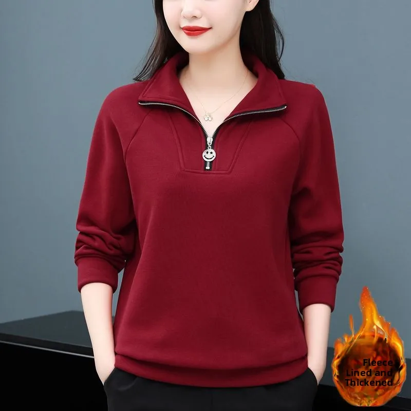 

Толстовка с капюшоном Thiened Fce, свободная повседневная одежда для мам, красная верхняя одежда с воротником-стойкой, осень-зима, Новое поступление для женщин