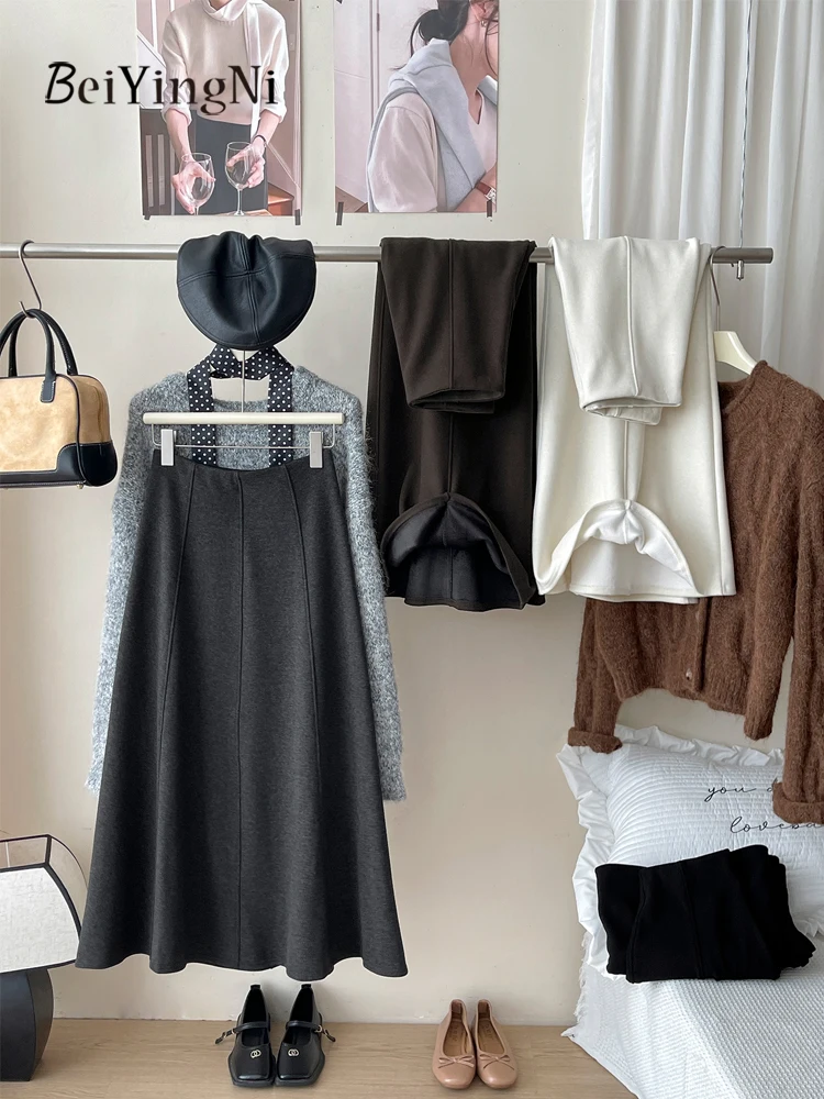 Beiyingni الفرنسية خمر الصوف ألف خط ميدي التنانير للنساء عادي المرقعة الكشمير الشتاء تنورة عالية الخصر الإناث الأسود Falda