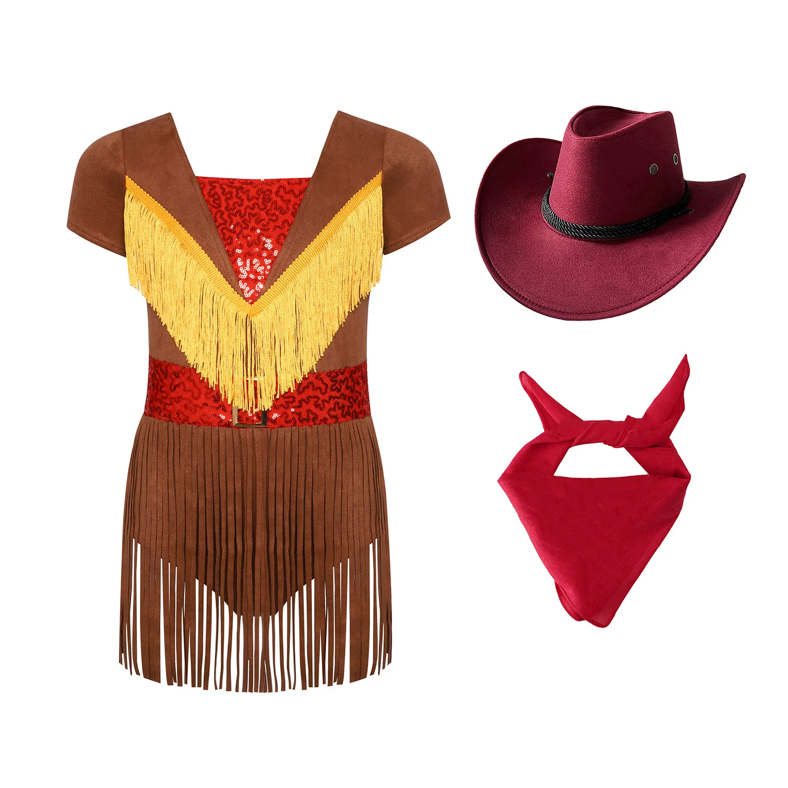 

Kids Western Cowgirl Dress 3Pcs Set V Neck Short Sleeve Tassel Hem Built In Briefs with Felt Hat Bandana for Halloween Cosplay
