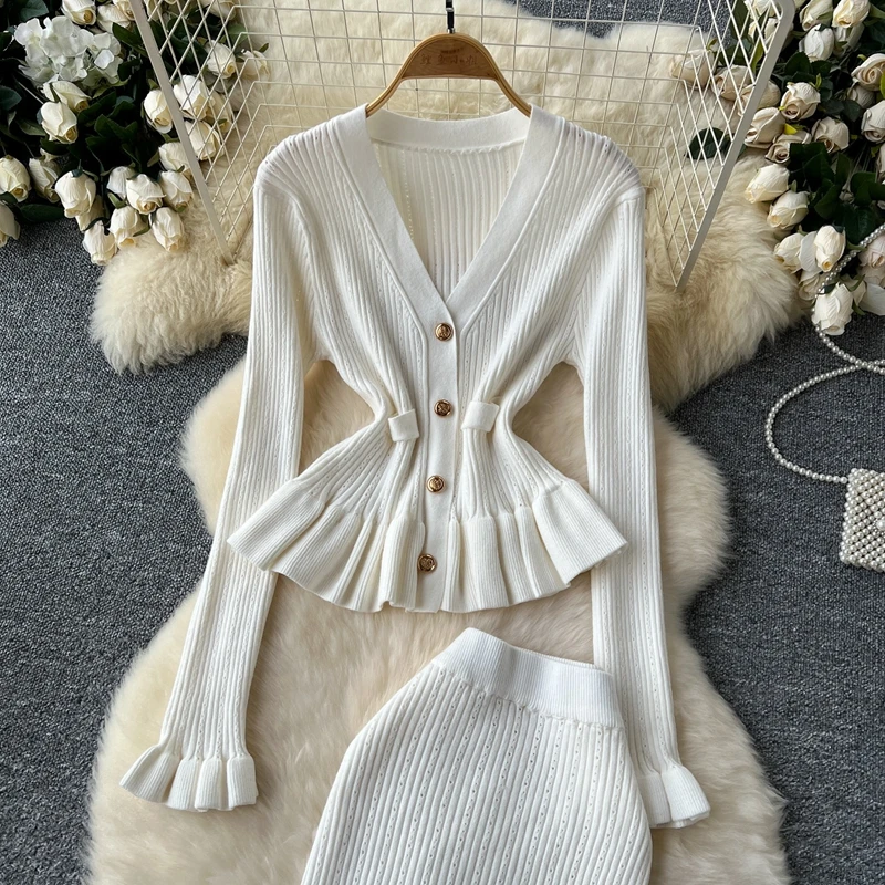 Estilo coreano conjunto de vestir feminino outono inverno malha cardigan jaqueta e saia trompete cintura alta conjunto de duas peças