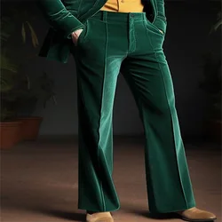 Men Vintage Flare Velvet Pants Solid Green Blue Soft Full-Length Trouser Plus Size Mens Stand Pocket Casual Boot Cut Sweatpants