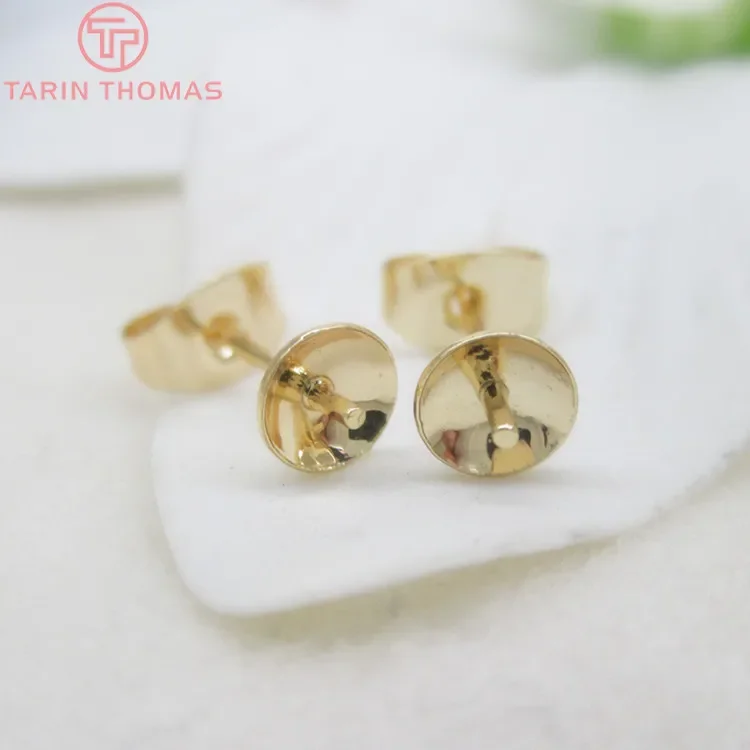 (1974)10PCS Length 15MM disk 5MM 24K Champagne Gold Color Brass Half Hole Beads Stud Earrings Pins High Quality Diy Accessories