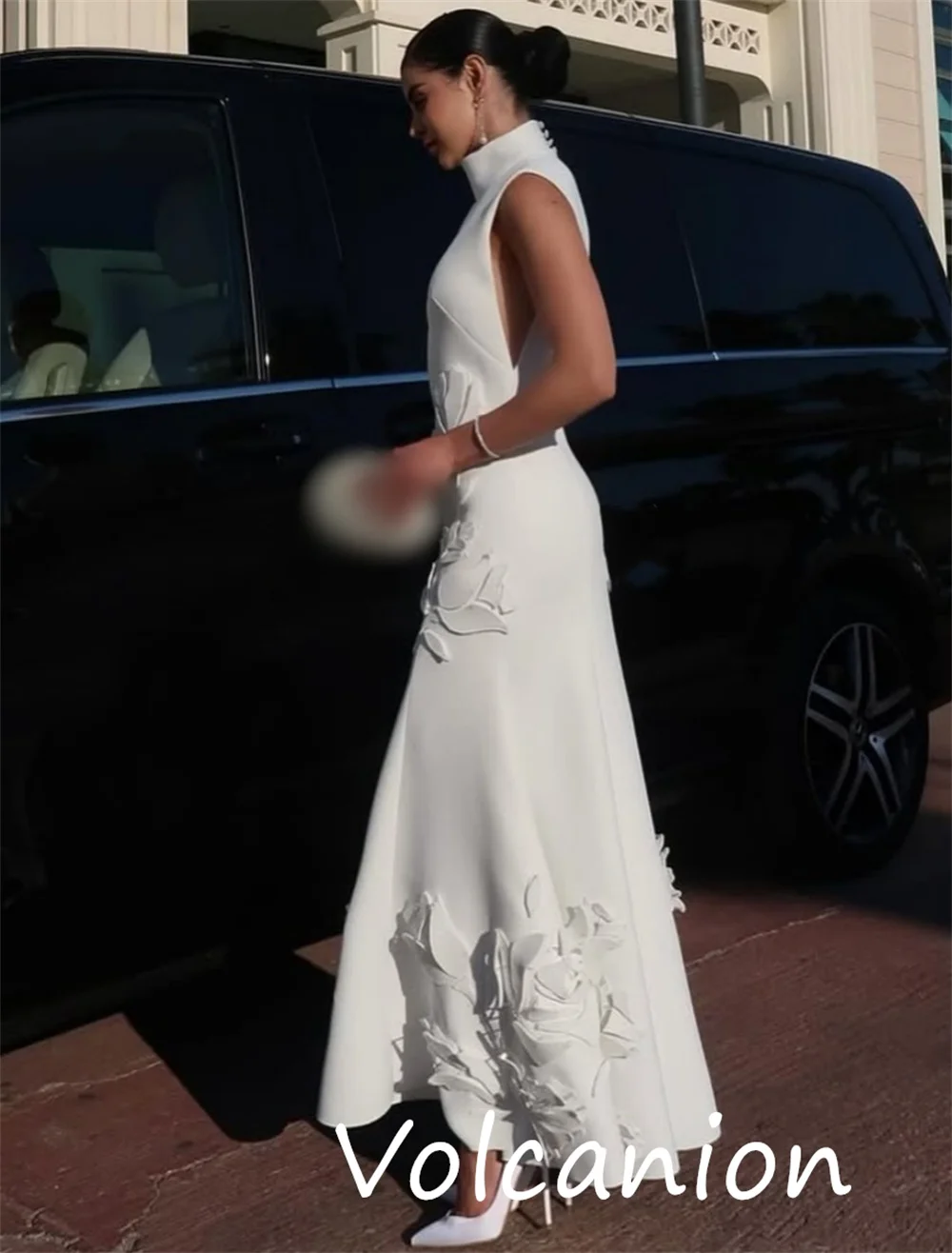 Abiti midi a collo alto a trapezio con pieghe a fiori in jersey casual formale personalizzato Occasioni su misura Elegante retrò