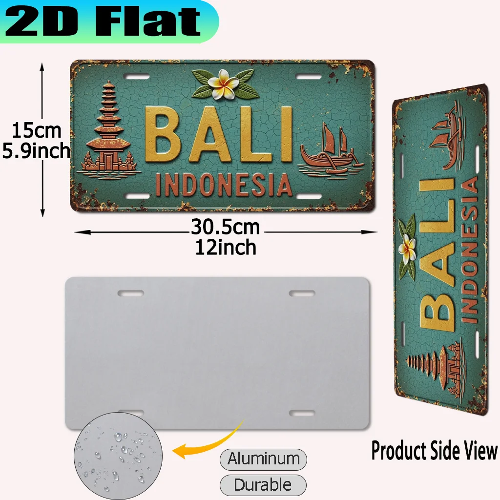 2D Flat, [2D Flat] 2D Flat Print, 1pc, Bali Indonesia Vintage Aluminum Sign (12.0 X 6.0inch), Decorative Only, New Year Gift, Ba