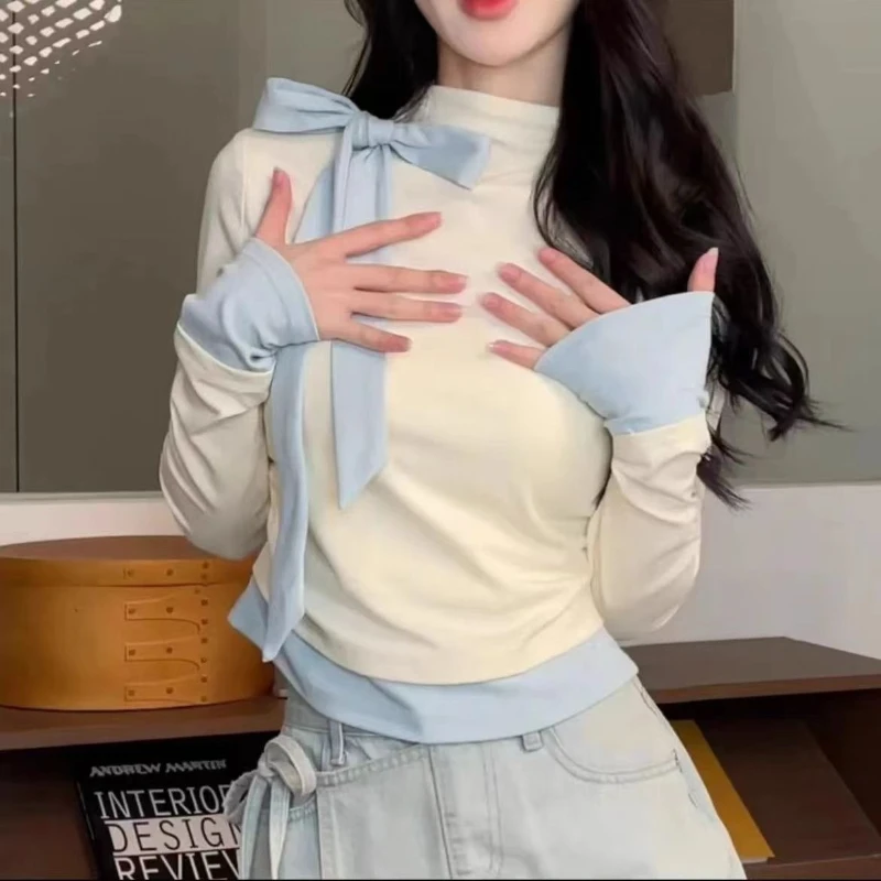 Korean Fashion Spring Sweet False Two-piece T-Shirts Women Kawaii High Neck Bow Bandage Long Sleeves Tees Y2k Aesthetic Slim Top