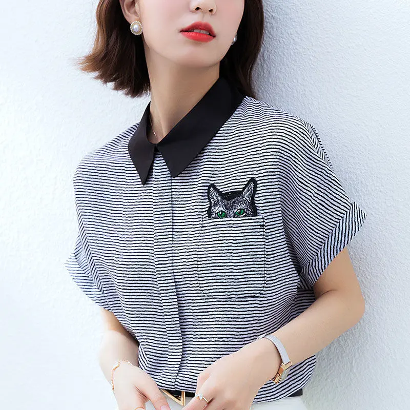 Women Summer Simplicity Loose Striped Chiffon Polo-Neck Short Sleeve Shirts Women Clothes Street Casual All-match Elegant Tops