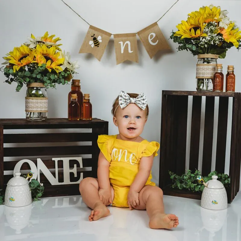 Garden Forest sweet Honey Bee Bumblebee theme one year old 1st first birthday party decoration gift Highchair Banner Photo props