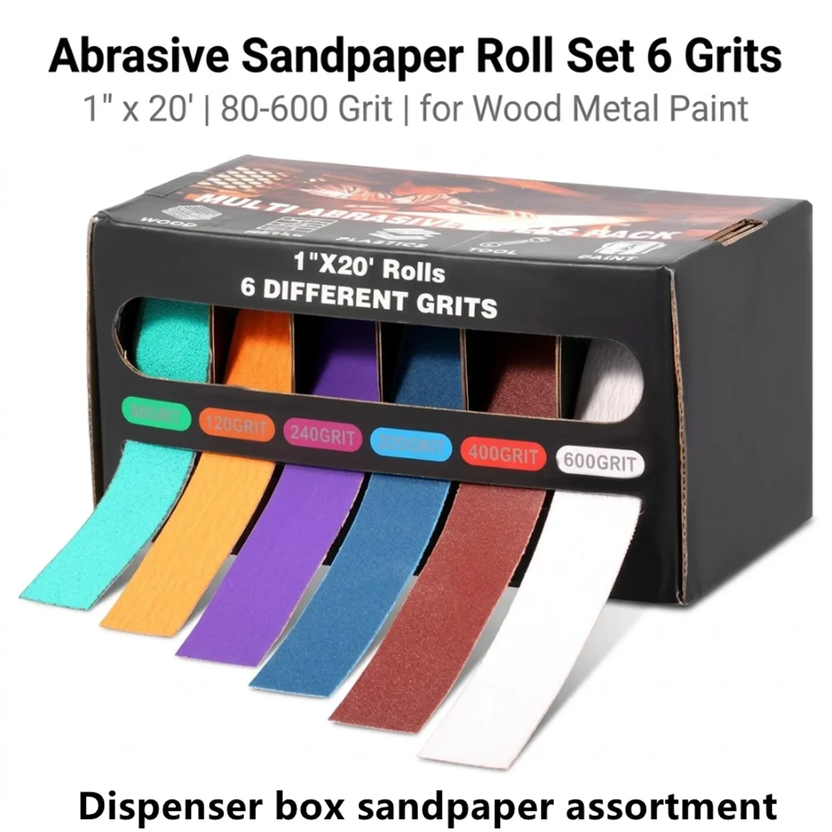 6Pcs 1 Inch x 20 Feet Emery Cloth Sandpaper Roll Set 80-600 Grit Wet Dry Abrasive Sanding Belt with Dispenser Box for Wood DIY