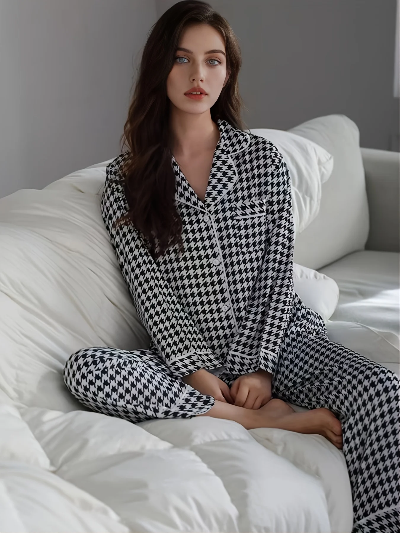 Elegant Classic Houndstooth Print Pajama Set Pocket Button Casual Long Sleeve Shirt Top Pajamas & Trousers Women\'s Loungewear &