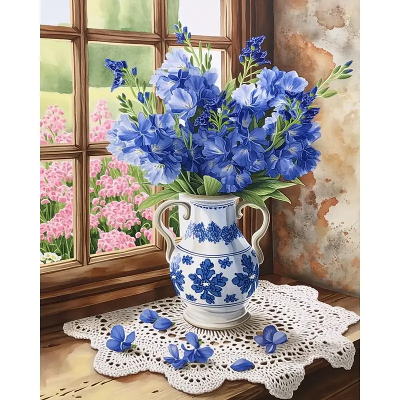

GATYZTORY Paint By Number Blue Flowers Drawing On Canvas HandPainted Art Gift DIY Pictures By Number Kits Home Decor