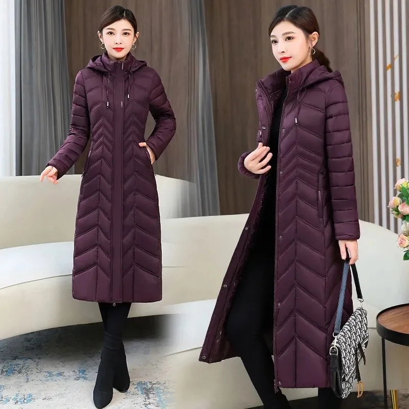 2024 New Winter Long Plaid Parkas Loose Thicken Warm Hooded Coats Women Casual Zip Up Windproof Black White Jackets Outwear