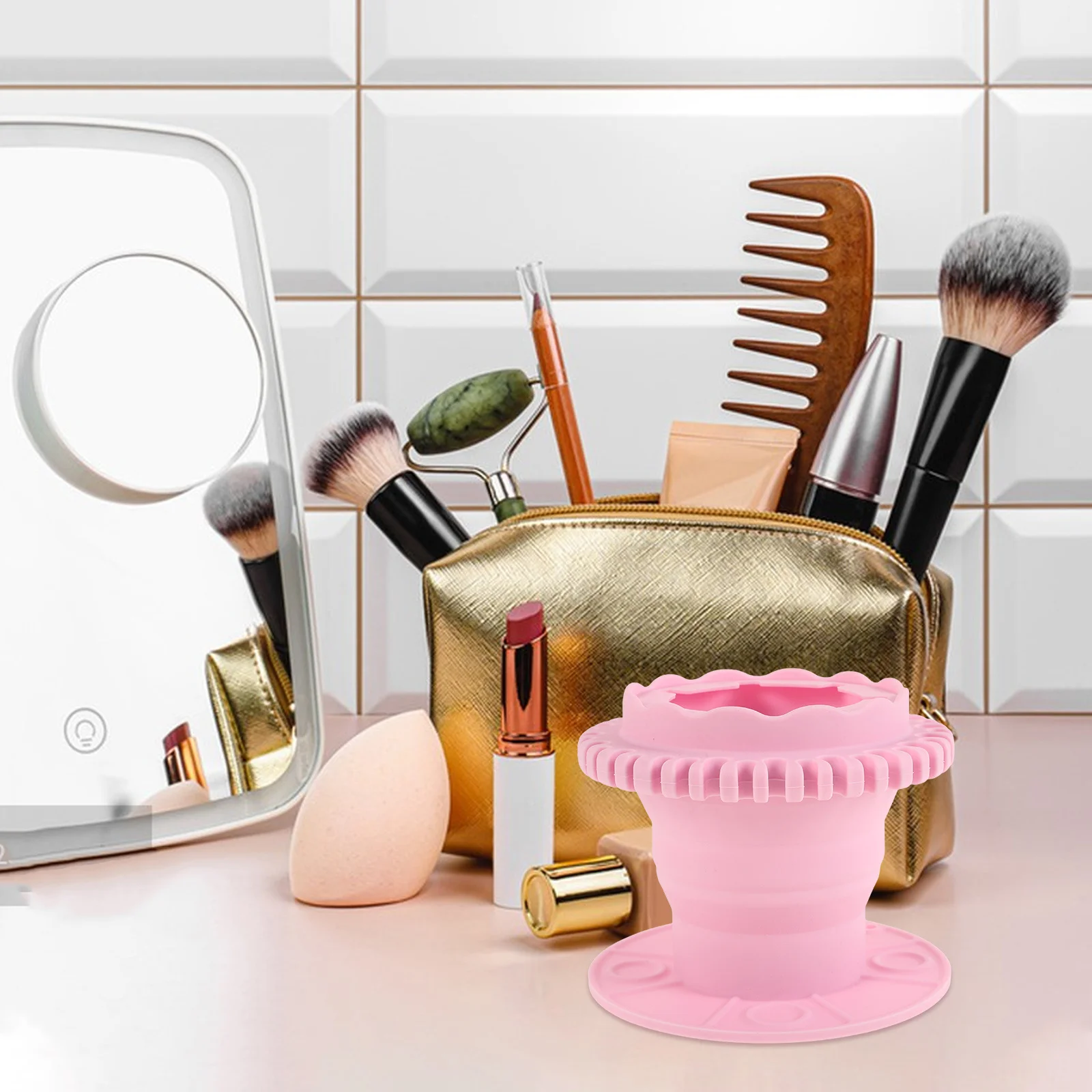 صندوق تنظيف فرشاة المكياج من السيليكون، إسفنجة قابلة للطي، تصميم معلق، حقيبة تنظيف أدوات السفر، ملحقات المكياج #2