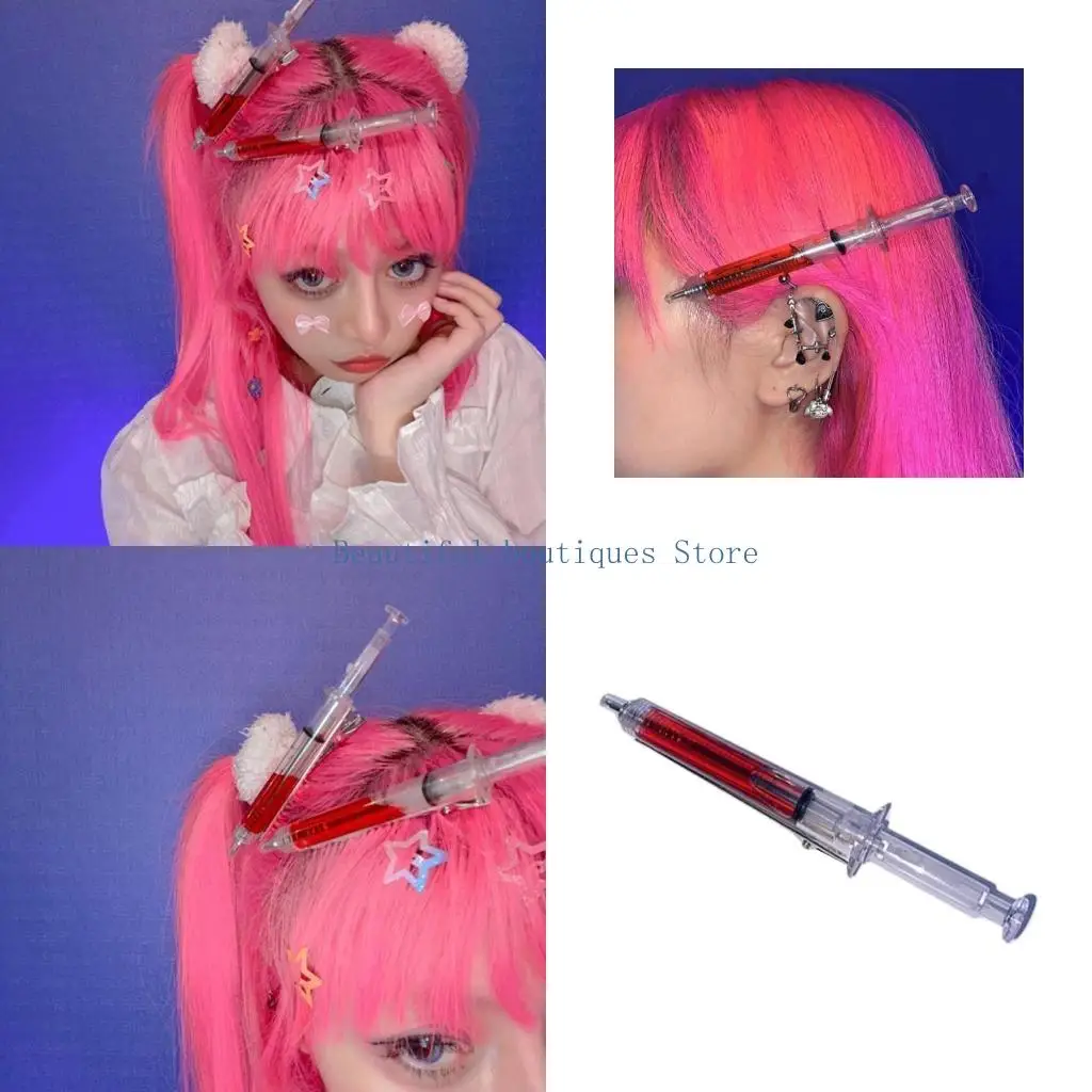 U4LF Hair Clip Barrette Syringe Shape Y2K Hairpin Harajuku Punk Hairdressing Curl Clip For Lady And Girl Salon Barber Tool