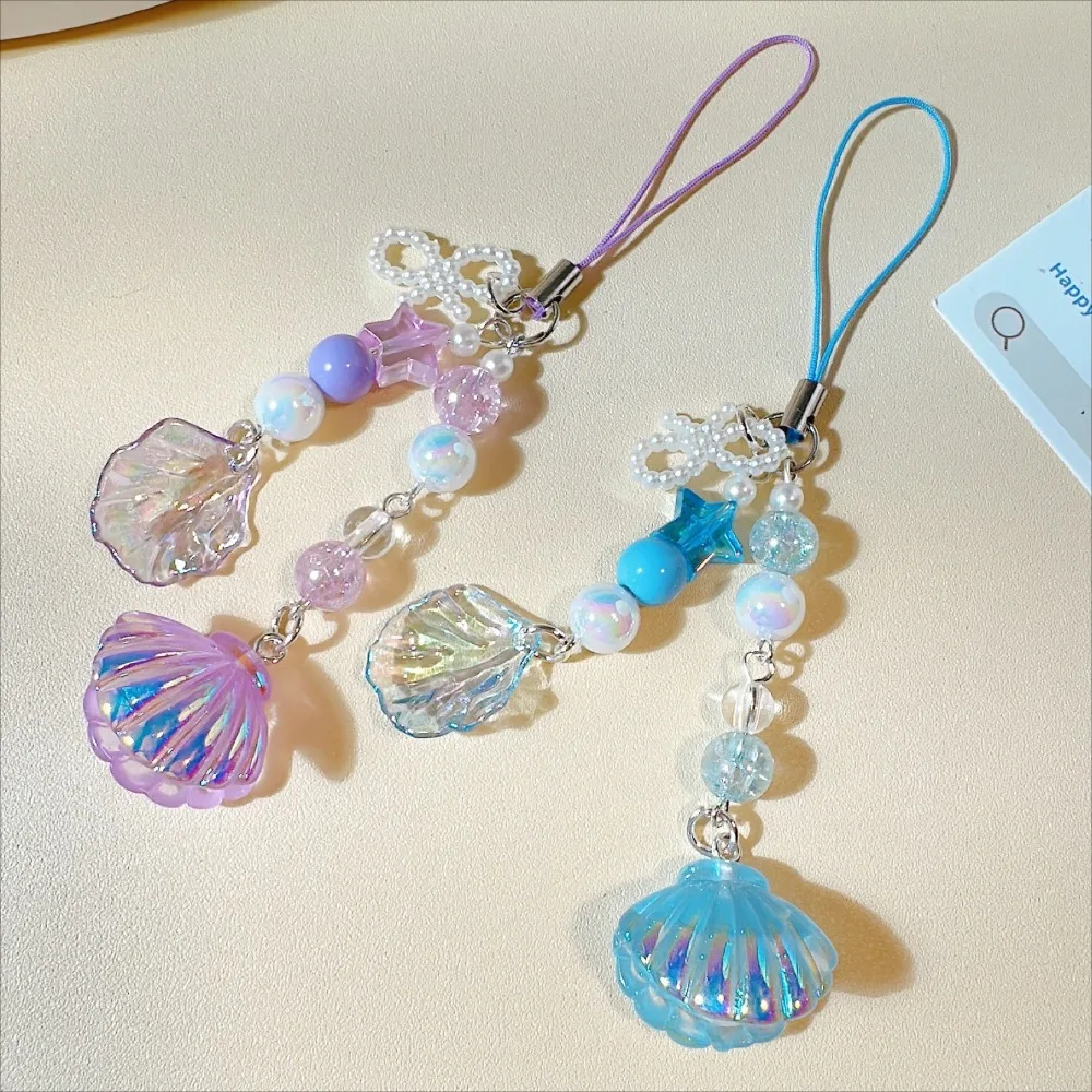 Korean Mobile Phone Straps Lanyard Glitter Pearl Shell Phone Strap Charm Chain Knot Keychain Woman Girl Bag Camera Pendant