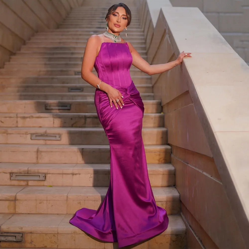 

Lilac Satin Evening Dresses for Women Mermaid Strapless Elegant Evening Gowns Long Pleat Criss-Cross Trumpet Wedding Party Dress