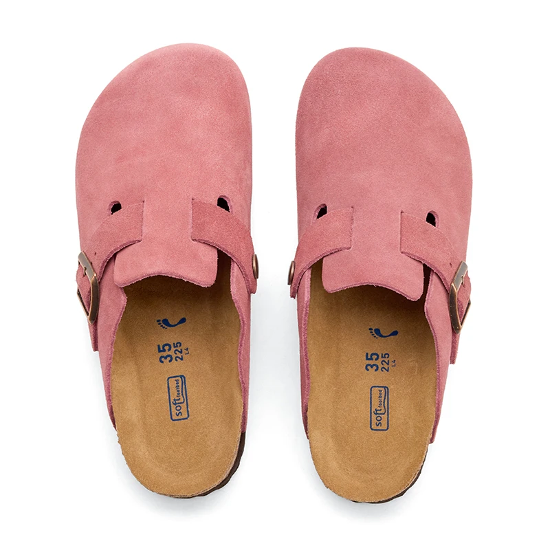 

Fashion Casual Flat Heel 3.5cm Closed Toe Slippers T-Strap Buckle Round Toe Glossy Cow Leather Cork EVA Sole Slip-On Multi-Color