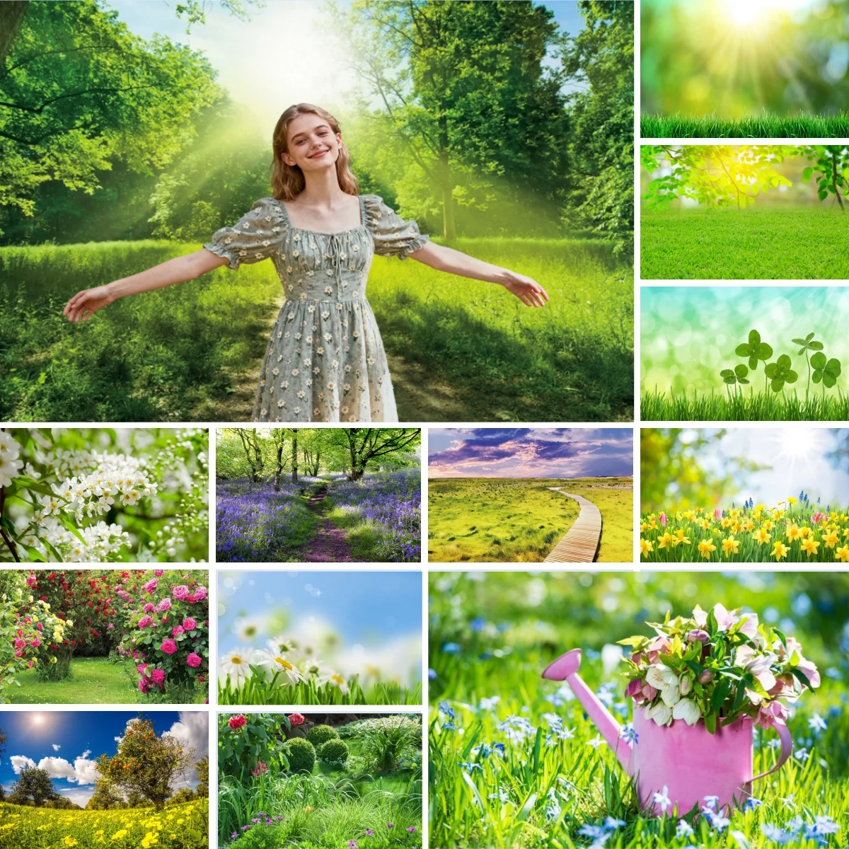 Spring Green Grass Photography Backdrops Vibrant Bokeh Natural Scenery Kids Girls Portrait Bride Wedding Party Photo Background