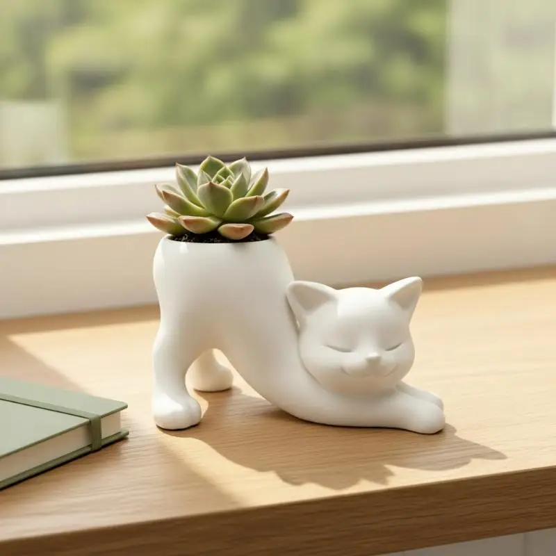Funny Cat Shape Flower Pot Cute Animal Planter Cactus Pot Decor Plant Container
