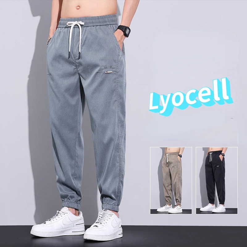 2023 Summer Lyocell Fabric Men's Jeans Thin Ankle Length Casual Pants Korea Elastic Waist Sport Trousers Black Grey M-5XL