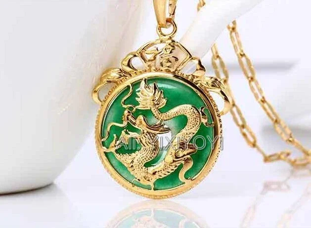 Beautiful Natural Green Jade Inlay Gold Chinese Dragon Amulet Lucky Jade Pendant + Free Necklace Fine Jewelry