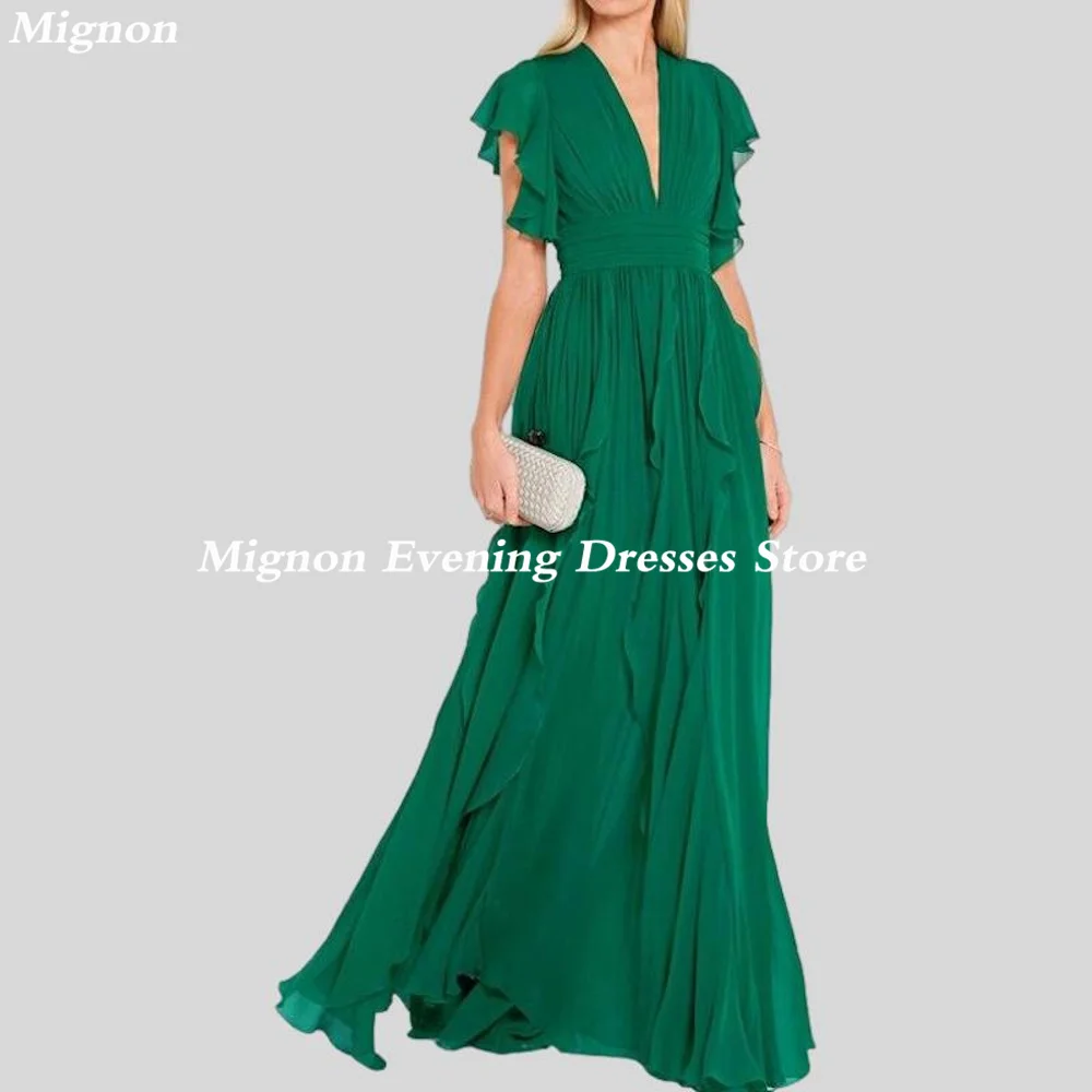 

Mignon Chiffon A-line V-neck Arab Ruffle Prom Gown Floor Length Saudi Evening Formal Elegant Party Dress for Women 2023