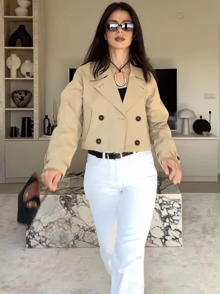 

HH женский шикарный короткий плащ однотонная двубортная куртка с длинным рукавом женская новая мода с лацканами и карманами дизайн винтажное пальто