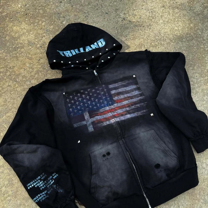 High Street Y2K Washed Worn Hooded Sweatshirt European American Willow Nail Metal Decoration Autumn Winter Streetwear Outerwear