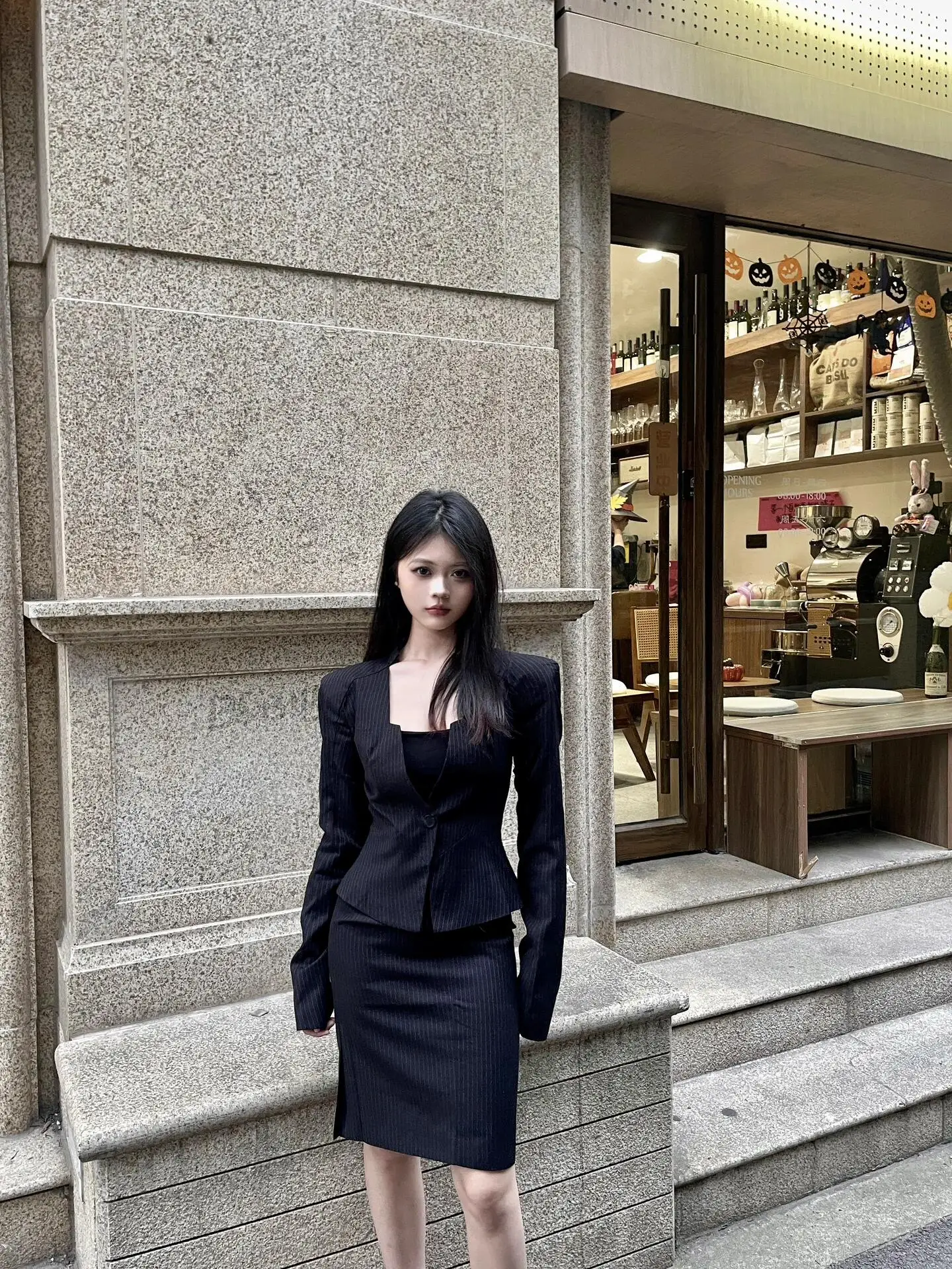 

Black Stripe Suit Jacket Women's Casual Versatile Spring Autumn Two-Piece Set High Waist Skirt Short Sleeve V-Neck Button Style