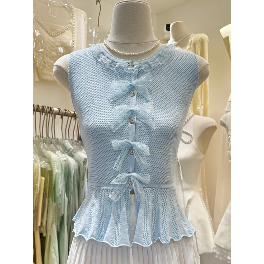 

Women's Elegant Lace O Neck Bow Sleeveless Knitted Tank Top Lady Sweey Solid Color Ruffled Slim Vest Top