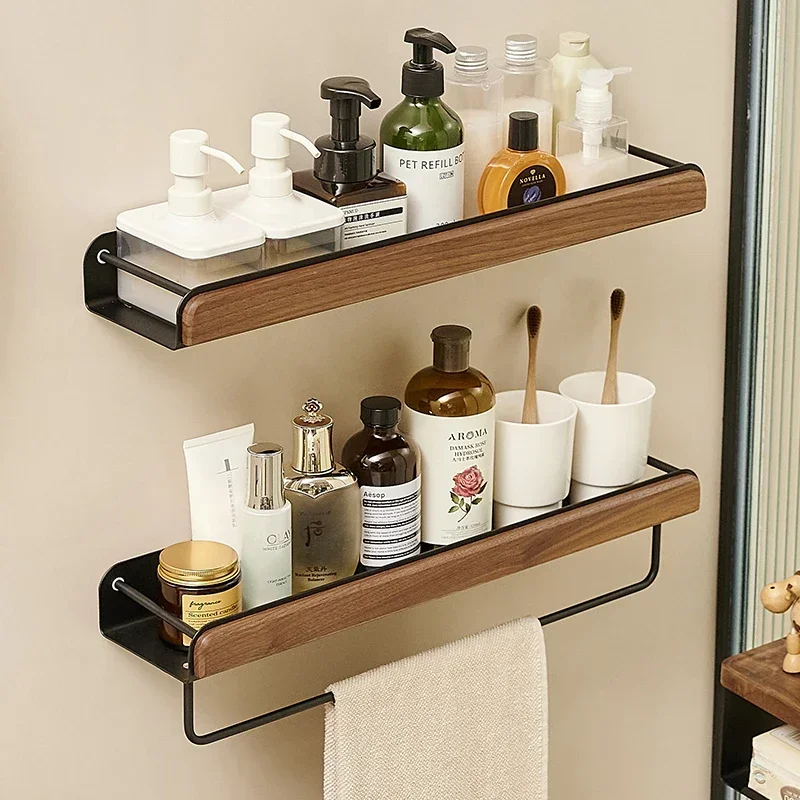 

Black Walnut Multifunctional Bathroom Shelf Creative Wall Hanging Towel and Skin Care Product Rack for Stylish Storage Hot Sale