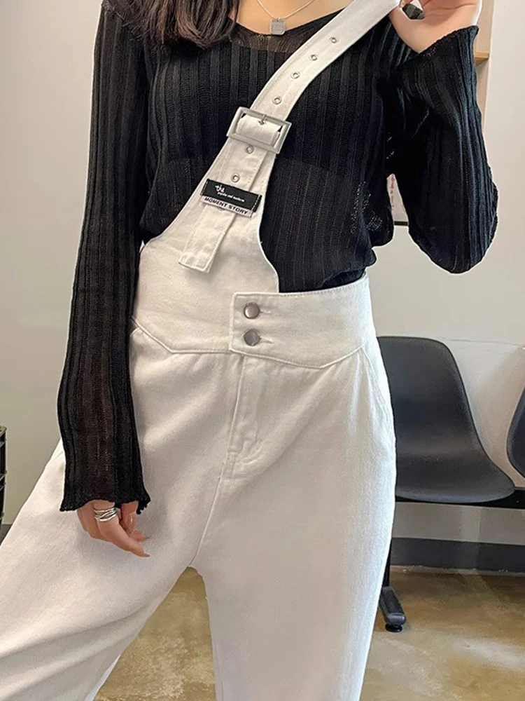 

Белые джинсовые брюки-комбинезон с высокой талией и одним ремнем на плечо для женщин, осенняя коллекция, повседневный стиль