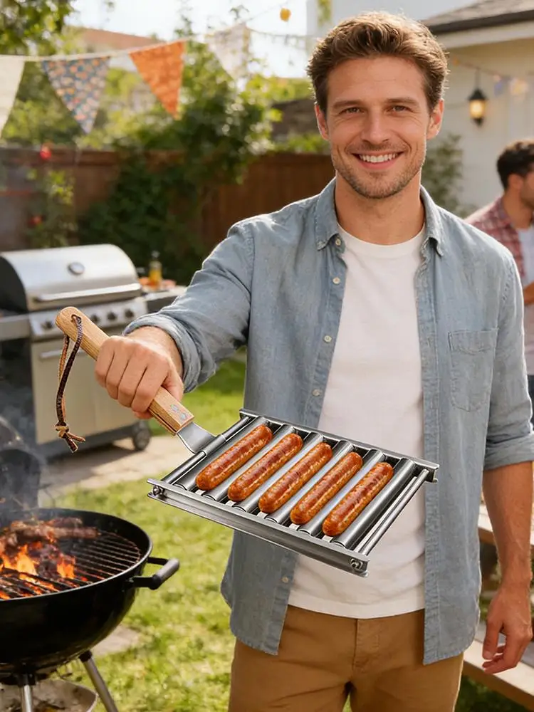 Hot Dog Grill Roller Stainless Steel Food Grade Rack Hot Dog Sausage Grill Roller for Kitchen Outdoor Garden Picnic Camping BBQ