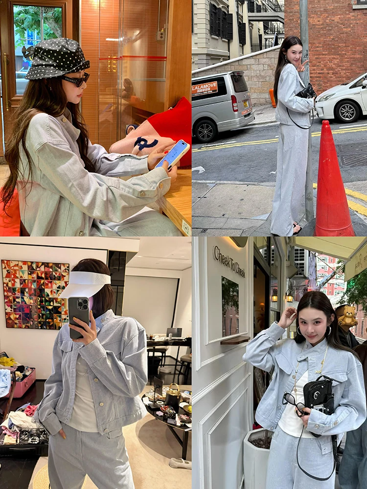 

Комплект из светло-голубого денима Tingting: укороченный жакет и свободные брюки с широкими штанинами в стиле ретро. Модная повседневная рабочая одежда.