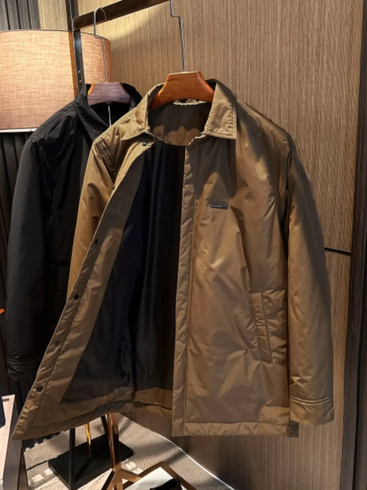 【Simple to noble colors】25 winter men's versatile solid color shirt collar lapel mid-length down jacket