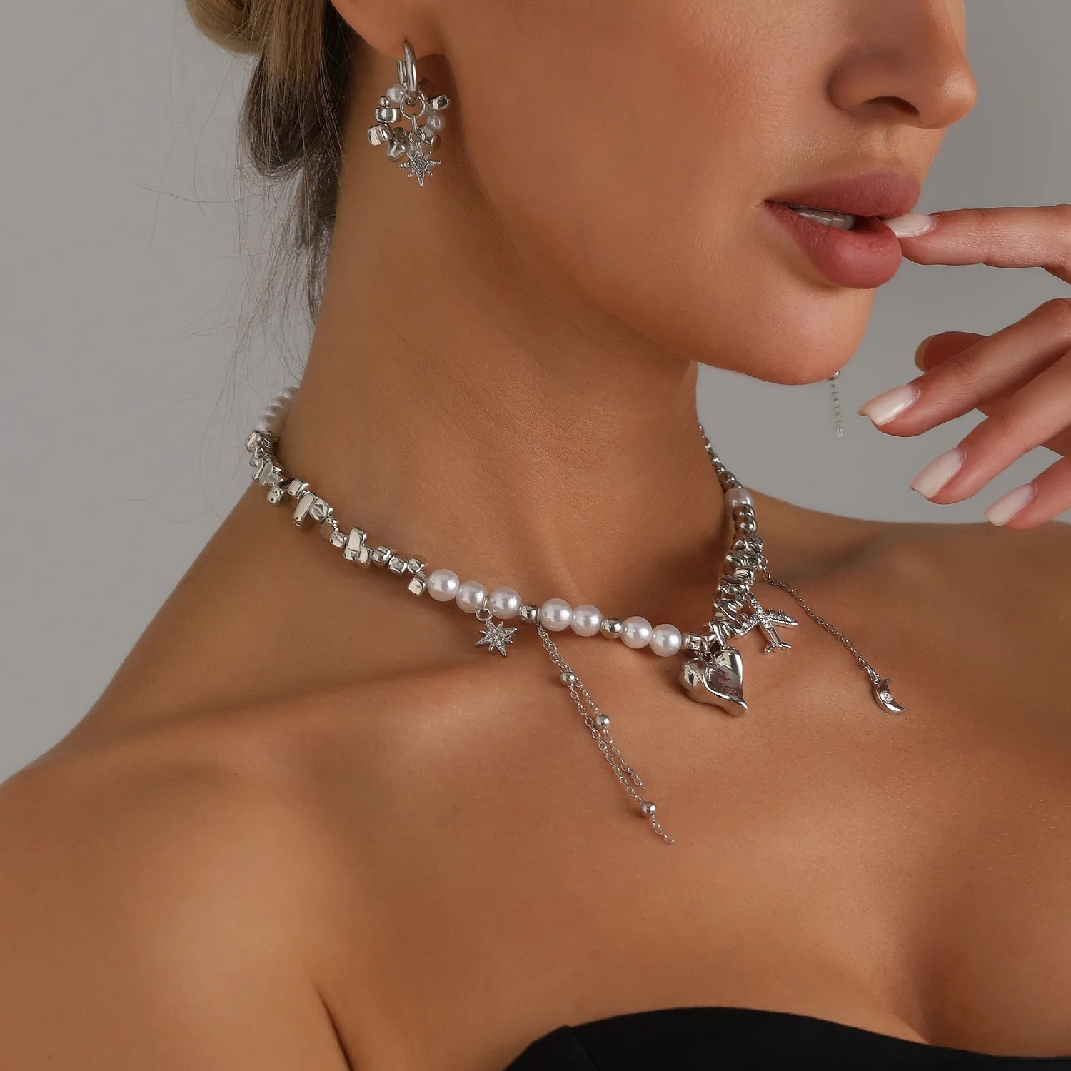 

Asymmetrical heart necklace, airplane star and moon charm, retro punk adjustable chain, fashion jewelry